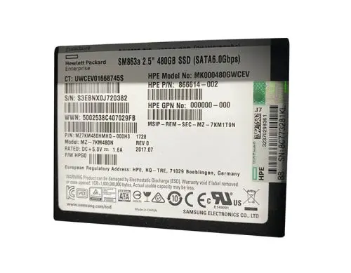 866614-002 HP 480GB SATA 6Gb/s Hot-Pluggable Mixed Use 2.5-Inch Enterprise Solid State Drive for ProLiant Server and Storage Array