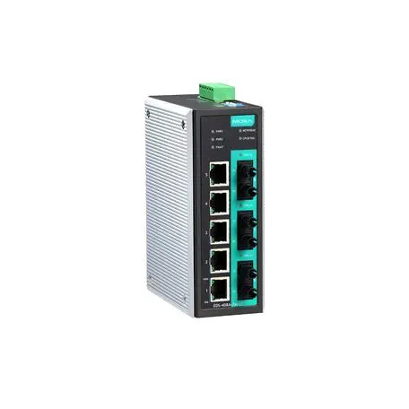 EDS-408A-3M-ST-T Moxa Entry-level managed with 5 10/100BaseT(X) ports, and 3 100BaseFX multi-mode ports with ST connectors, -40 to 75°C operating temperature Ethernet switch
