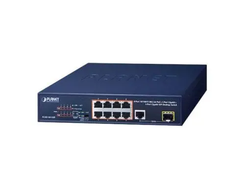 FGSD-1011HP Planet 8 x Ports+ 10/100Base-TX + 1 x Port 1GbE RJ-45 + 1 x Port SFP Desktop Network Switch