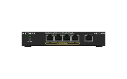 GS305PP Netgear 300 Series GS305P 4 x Ports PoE+ 10/100/1000Base-T + 1 x Port 1000Base-T Unmanaged Gigabit Ethernet Network Switch