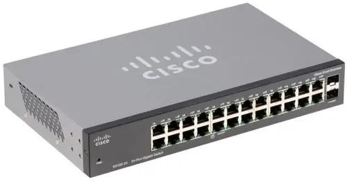 SG102-24 Cisco Small Business 24 x RJ-45 Ports 10/100/1000Base-T + 2 x SFP Combo Mini-GBIC Ports Layer 2 Unmanaged 1U Rack-mountable Gigabit Ethernet Network Switch