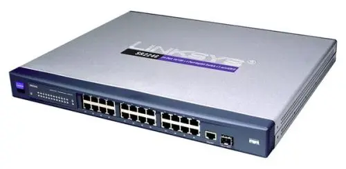 SR224G Linksys Catalyst 24 x RJ-45 Ports 10/100Base-TX + 2 x SFP mini-GBIC Ports Layer 2 Managed 1U Rack-Mountable Gigabit Ethernet Network Switch
